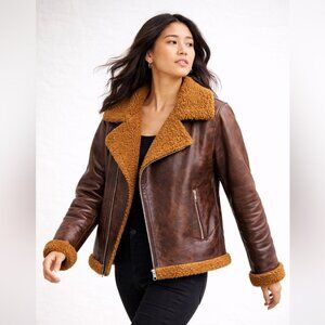 Zara Brown Faux Leather Shearling Jacket Size XL Aviator Biker Cozy Core